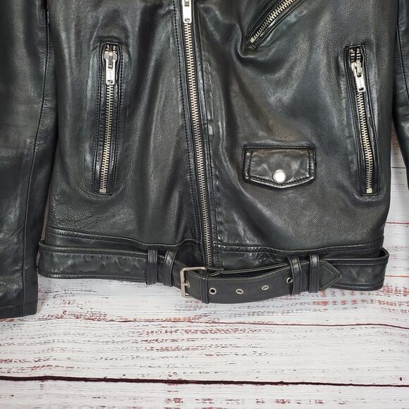 BLK DNM Black Leather Moto Biker Jacket Women's M Zip Bomber Coat Buckle Belted - Picture 5 of 16